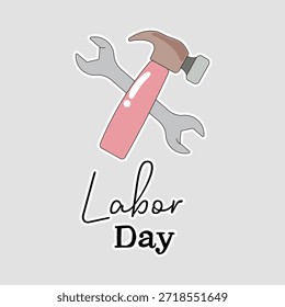 Icono de herramientas del Día del Trabajo. Etiqueta engomada simple del Vector con el martillo cruzado y la llave inglesa en rosa-gris, más el texto, perfecto para los carteles de la apreciación del trabajador, los acontecimientos sindicales, o los gráficos de las vacaciones