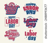 Labor day typography logo set with red and blue text and stars element in American flag concept. USA national holiday for labor or workers on September 2. Happy Labor day sticker, poster, banner.