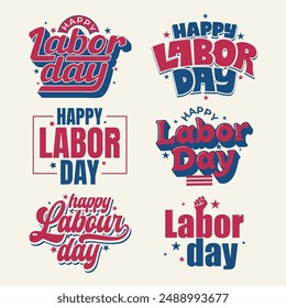 Labor day typography logo set with red and blue text and stars element in American flag concept. USA national holiday for labor or workers on September 2. Happy Labor day sticker, poster, banner.