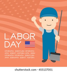 Labor day of United States of America, janitor or cleaner man character illustration design  isolated on usa flag pattern coral color background, with copy space