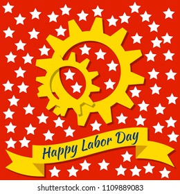 Labor Day in the United States. Concept of a national holiday. 3 September. Gears, tape with text - event name. Red background, white stars.