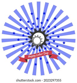 Labor Day in the United States. Concept of a national holiday. Gears, tape with text - event name. Blue rays from the center, blue stars. Isolated on white