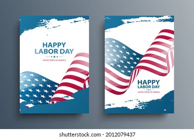 Labor day, United States Happy Labor Day celebrate posters set with waving american national flag and brush strokes. USA national holiday cards. Vector illustration.