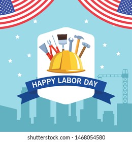labor day usa celebration american patriotic card, tribute to builder people workers heavy work with city background cartoon vector illustration graphic design