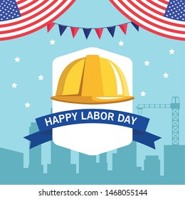 labor day usa celebration american patriotic card, tribute to builder people workers heavy work with city background cartoon vector illustration graphic design
