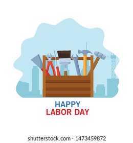 labor day usa celebration american patriotic card, tribute to builder people workers heavy work with city background cartoon vector illustration graphic design