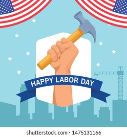 labor day usa celebration american patriotic card, tribute to builder people workers heavy work with city background cartoon vector illustration graphic design