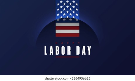 Labor Day USA navy blue background. American national holiday with a US flag and line arc shape banner. Vector minimal solid blue poster clear design