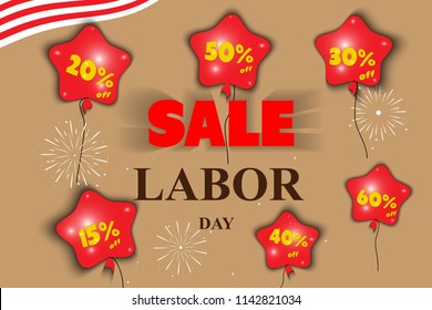 Labor Day in USA Sale of 15, 20, 30, 40, 50, 60 percent on red balloons