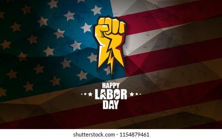 labor day Usa text vector label or horizontal background. vector happy labor day poster or horizontal banner with clenched fist isolated on usa flag background . Labor union icon