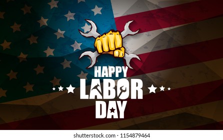 labor day Usa text vector label or horizontal background. vector happy labor day poster or horizontal banner with clenched fist isolated on usa flag background . Labor union icon