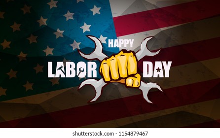 labor day Usa text vector label or horizontal background. vector happy labor day poster or horizontal banner with clenched fist isolated on usa flag background . Labor union icon