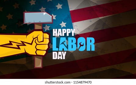 labor day Usa text vector label or horizontal background. vector happy labor day poster or horizontal banner with clenched fist isolated on usa flag background . Labor union icon