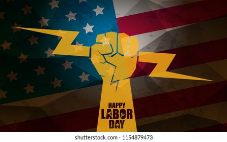 labor day Usa text vector label or horizontal background. vector happy labor day poster or horizontal banner with clenched fist isolated on usa flag background . Labor union icon