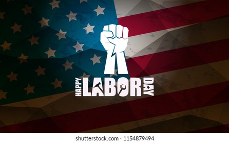 labor day Usa text vector label or horizontal background. vector happy labor day poster or horizontal banner with clenched fist isolated on usa flag background . Labor union icon