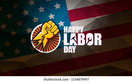 labor day Usa text vector label or horizontal background. vector happy labor day poster or horizontal banner with clenched fist isolated on usa flag background . Labor union icon