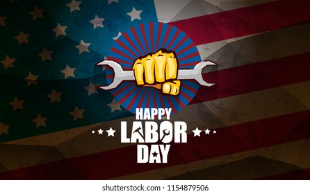 labor day Usa text vector label or horizontal background. vector happy labor day poster or horizontal banner with clenched fist isolated on usa flag background . Labor union icon