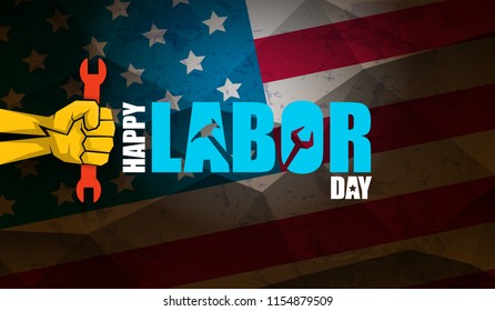 labor day Usa text vector label or horizontal background. vector happy labor day poster or horizontal banner with clenched fist isolated on usa flag background . Labor union icon