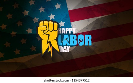 labor day Usa text vector label or horizontal background. vector happy labor day poster or horizontal banner with clenched fist isolated on usa flag background . Labor union icon