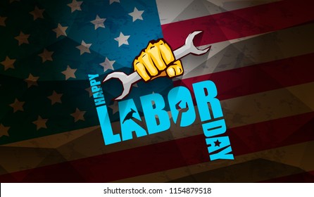 labor day Usa text vector label or horizontal background. vector happy labor day poster or horizontal banner with clenched fist isolated on usa flag background . Labor union icon