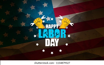 labor day Usa text vector label or horizontal background. vector happy labor day poster or horizontal banner with clenched fist isolated on usa flag background . Labor union icon