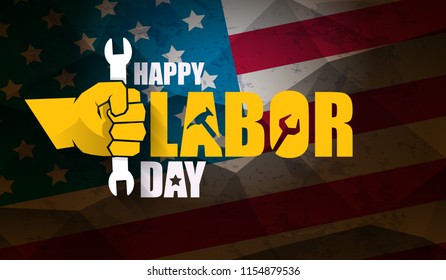 labor day Usa text vector label or horizontal background. vector happy labor day poster or horizontal banner with clenched fist isolated on usa flag background . Labor union icon
