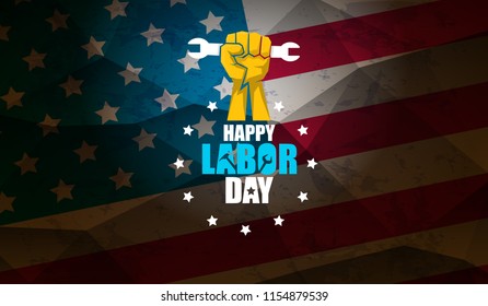 labor day Usa text vector label or horizontal background. vector happy labor day poster or horizontal banner with clenched fist isolated on usa flag background . Labor union icon