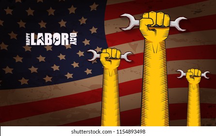 labor day Usa text vector label or horizontal background. vector happy labor day poster or horizontal banner with clenched fist isolated on usa flag background . Labor union icon