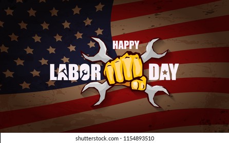 labor day Usa text vector label or horizontal background. vector happy labor day poster or horizontal banner with clenched fist isolated on usa flag background . Labor union icon