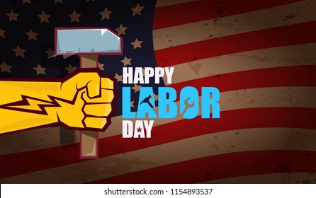 labor day Usa text vector label or horizontal background. vector happy labor day poster or horizontal banner with clenched fist isolated on usa flag background . Labor union icon