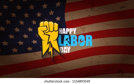 labor day Usa text vector label or horizontal background. vector happy labor day poster or horizontal banner with clenched fist isolated on usa flag background . Labor union icon