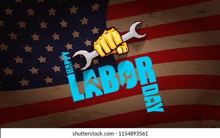 labor day Usa text vector label or horizontal background. vector happy labor day poster or horizontal banner with clenched fist isolated on usa flag background . Labor union icon