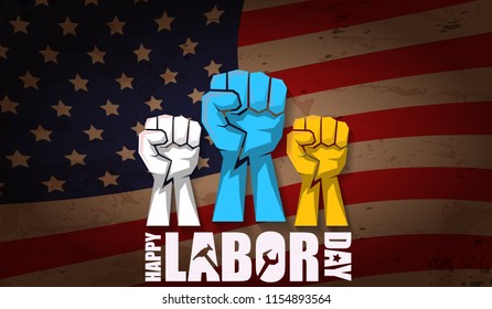 labor day Usa text vector label or horizontal background. vector happy labor day poster or horizontal banner with clenched fist isolated on usa flag background . Labor union icon