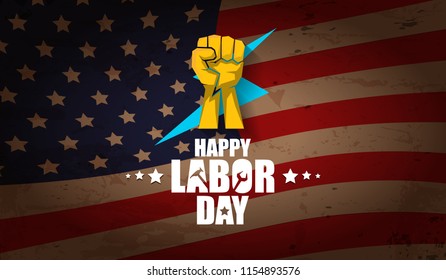 labor day Usa text vector label or horizontal background. vector happy labor day poster or horizontal banner with clenched fist isolated on usa flag background . Labor union icon