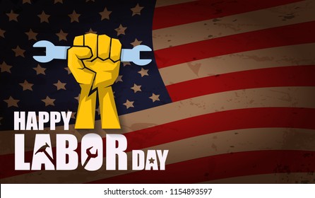 labor day Usa text vector label or horizontal background. vector happy labor day poster or horizontal banner with clenched fist isolated on usa flag background . Labor union icon
