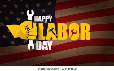 labor day Usa text vector label or horizontal background. vector happy labor day poster or horizontal banner with clenched fist isolated on usa flag background . Labor union icon