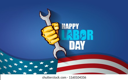 labor day Usa text vector label or horizontal background. vector happy labor day poster or horizontal banner with clenched fist isolated on usa flag background . Labor union icon