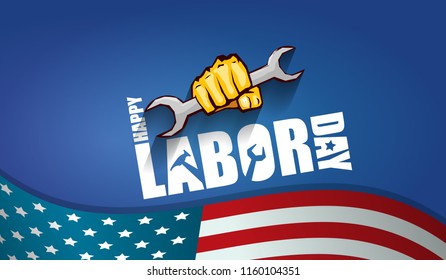 labor day Usa text vector label or horizontal background. vector happy labor day poster or horizontal banner with clenched fist isolated on usa flag background . Labor union icon