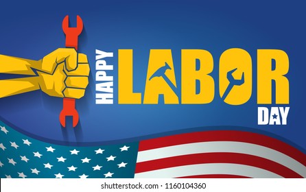 labor day Usa text vector label or horizontal background. vector happy labor day poster or horizontal banner with clenched fist isolated on usa flag background . Labor union icon