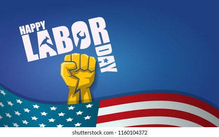 labor day Usa text vector label or horizontal background. vector happy labor day poster or horizontal banner with clenched fist isolated on usa flag background . Labor union icon
