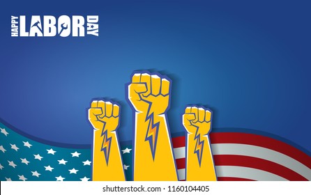 labor day Usa text vector label or horizontal background. vector happy labor day poster or horizontal banner with clenched fist isolated on usa flag background . Labor union icon