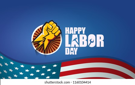 labor day Usa text vector label or horizontal background. vector happy labor day poster or horizontal banner with clenched fist isolated on usa flag background . Labor union icon