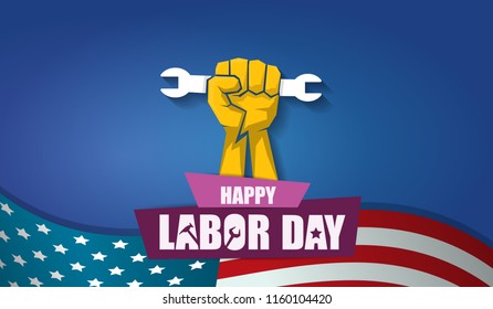 labor day Usa text vector label or horizontal background. vector happy labor day poster or horizontal banner with clenched fist isolated on usa flag background . Labor union icon