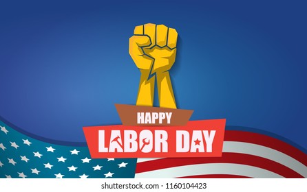 labor day Usa text vector label or horizontal background. vector happy labor day poster or horizontal banner with clenched fist isolated on usa flag background . Labor union icon
