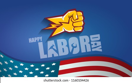 labor day Usa text vector label or horizontal background. vector happy labor day poster or horizontal banner with clenched fist isolated on usa flag background . Labor union icon