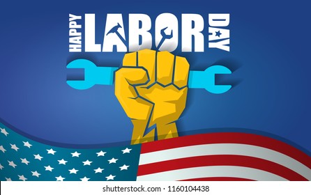 labor day Usa text vector label or horizontal background. vector happy labor day poster or horizontal banner with clenched fist isolated on usa flag background . Labor union icon