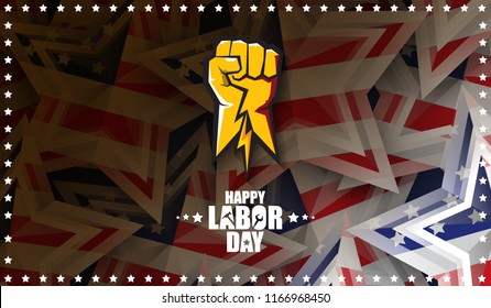 labor day Usa text vector label or horizontal background. vector happy labor day poster or horizontal banner with clenched fist isolated on usa flag background . Labor union icon