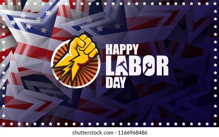 labor day Usa text vector label or horizontal background. vector happy labor day poster or horizontal banner with clenched fist isolated on usa flag background . Labor union icon