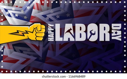 labor day Usa text vector label or horizontal background. vector happy labor day poster or horizontal banner with clenched fist isolated on usa flag background . Labor union icon