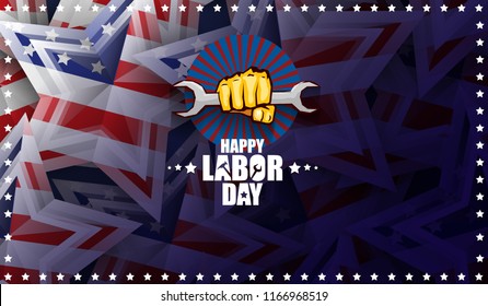 labor day Usa text vector label or horizontal background. vector happy labor day poster or horizontal banner with clenched fist isolated on usa flag background . Labor union icon